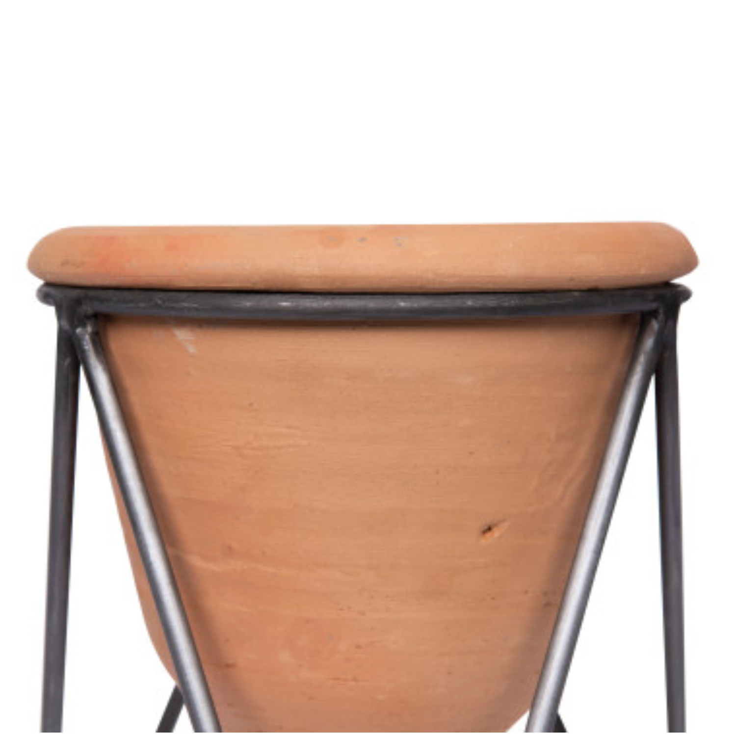 A terracotta pot with metal stand, viewed from a slight angle, displaying the pot's brown color and the metallic legs supporting it.